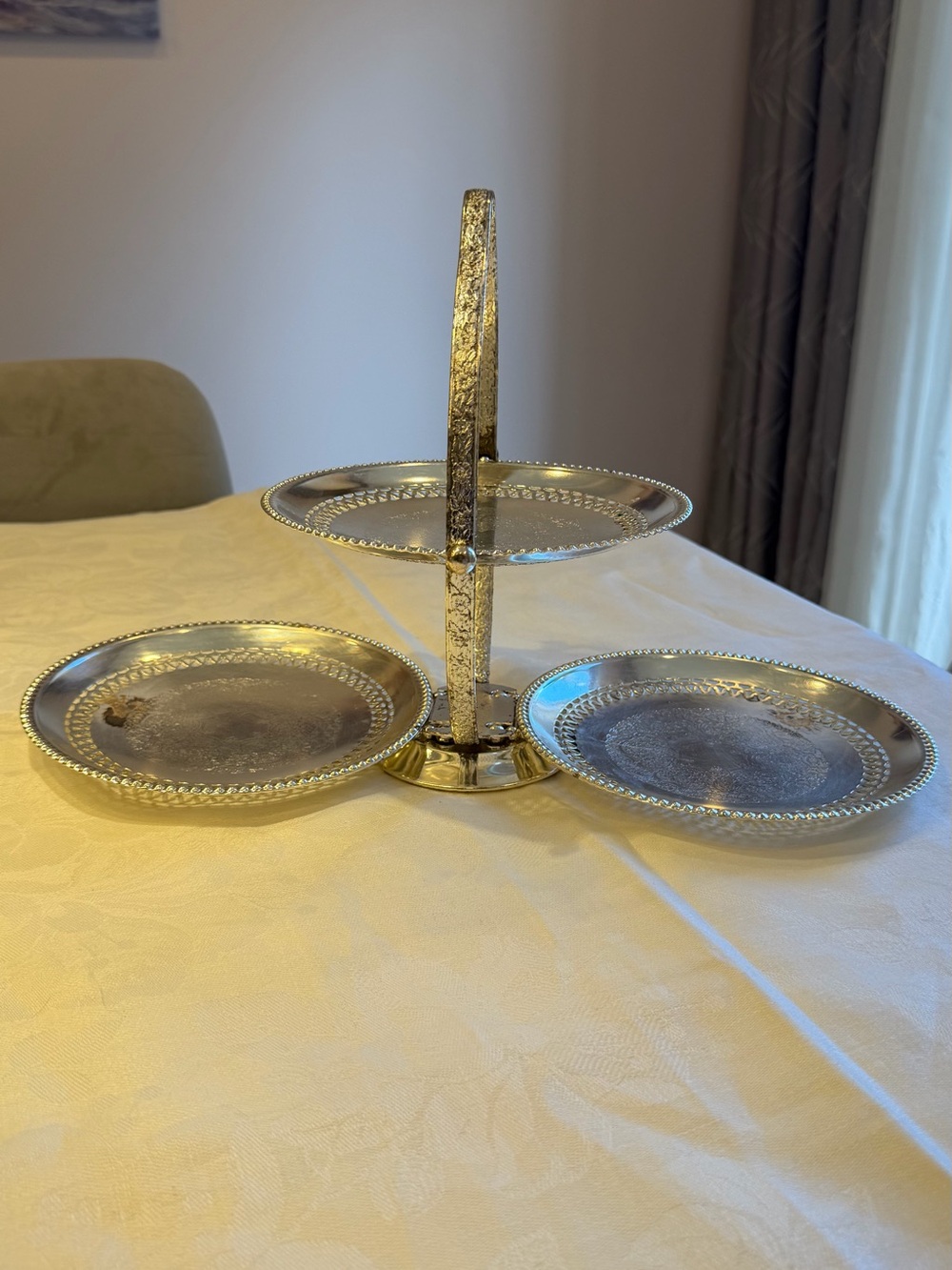 Vintage 3‑Tier Silver Serving Tray – Made in England – Ornate Design – Used